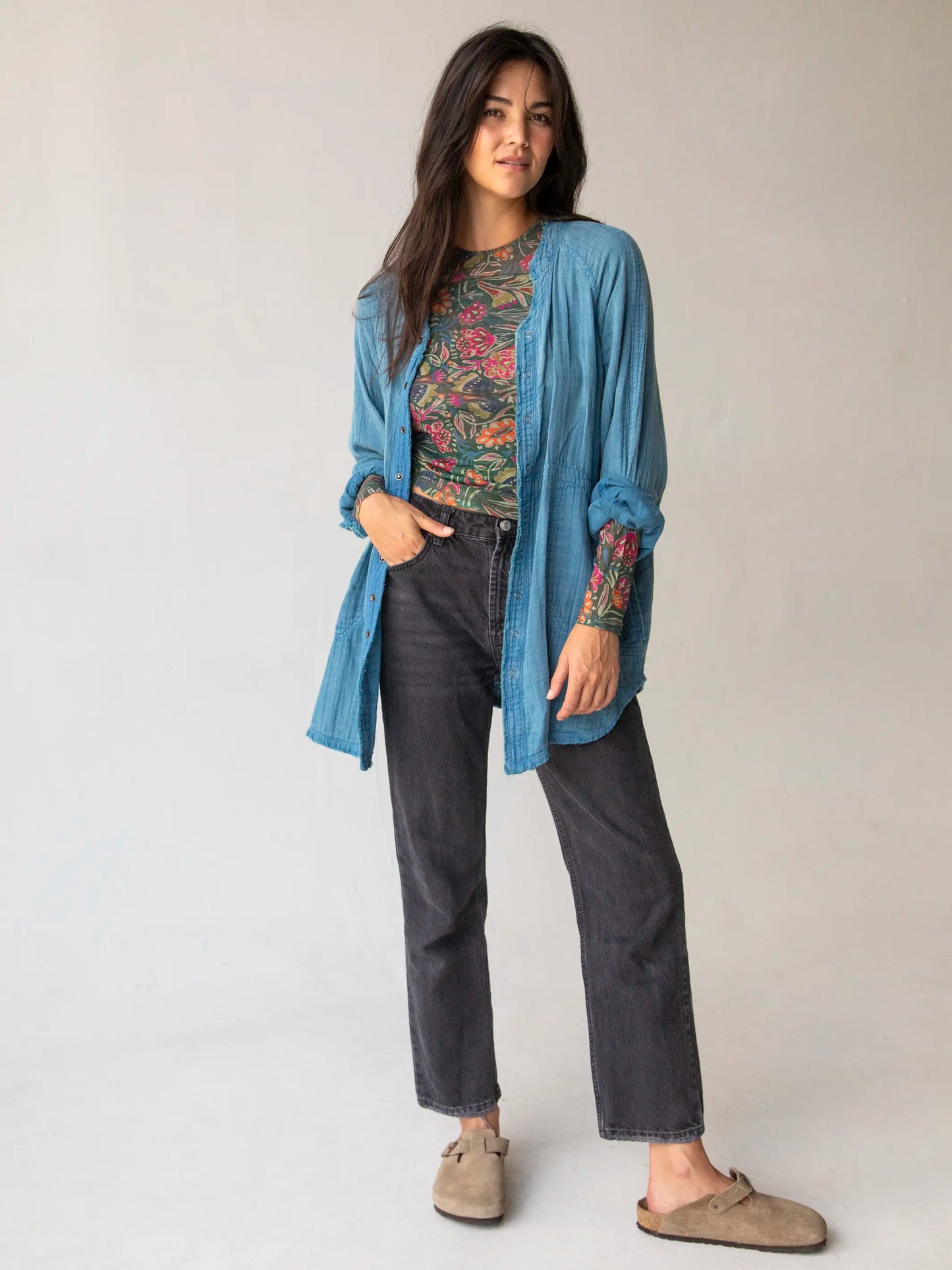 Sloane Mesh Long Sleeve Top - Green Lined Floral