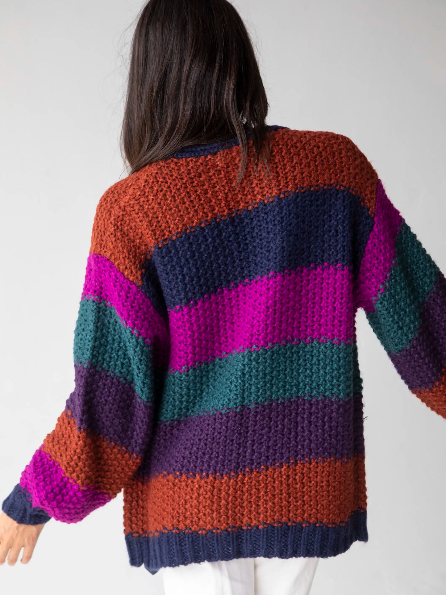 Oversized Striped Cardigan Sweater - Navy