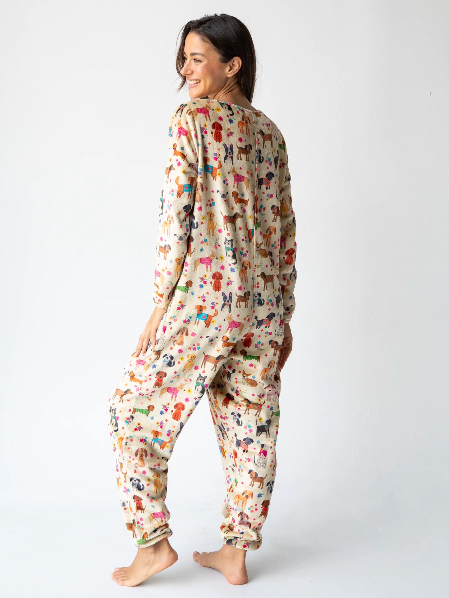 Fleece Onesie Pajamas - Dog Floral Cream