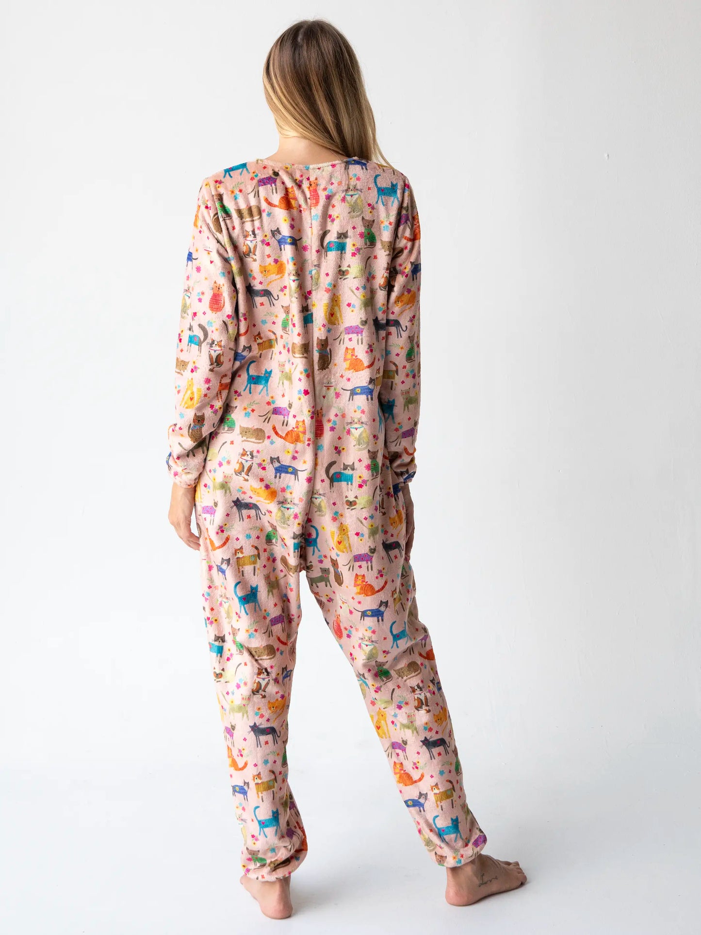 Fleece Onesie Pajamas - Cat Floral Pink