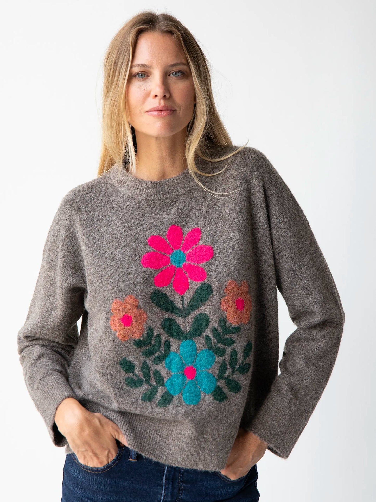 Everyone's Favorite Sweater - Brown Folk Flower