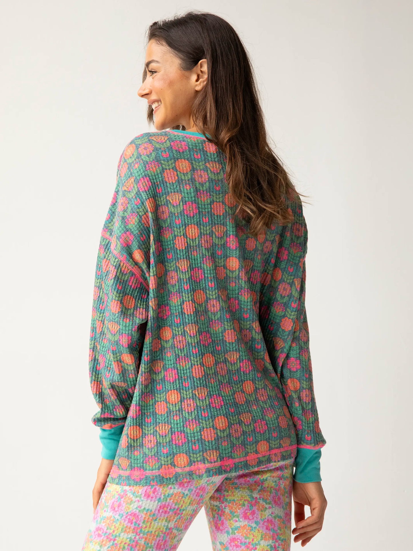 Mix & Match Waffle Pajama Top - Teal Mod Floral