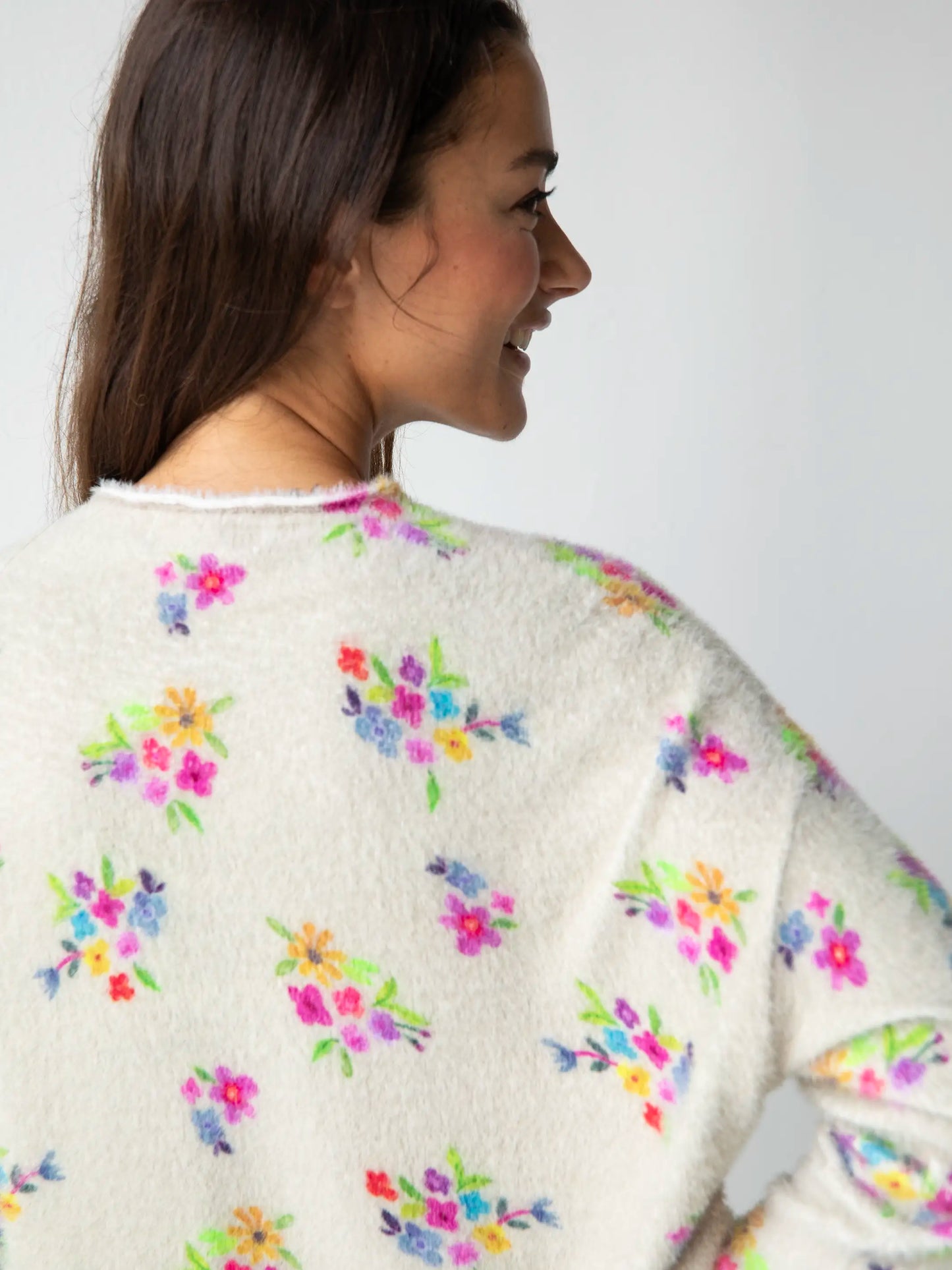 Cashmere-Like Fuzzy Pullover Sweater - Cream Multi Floral