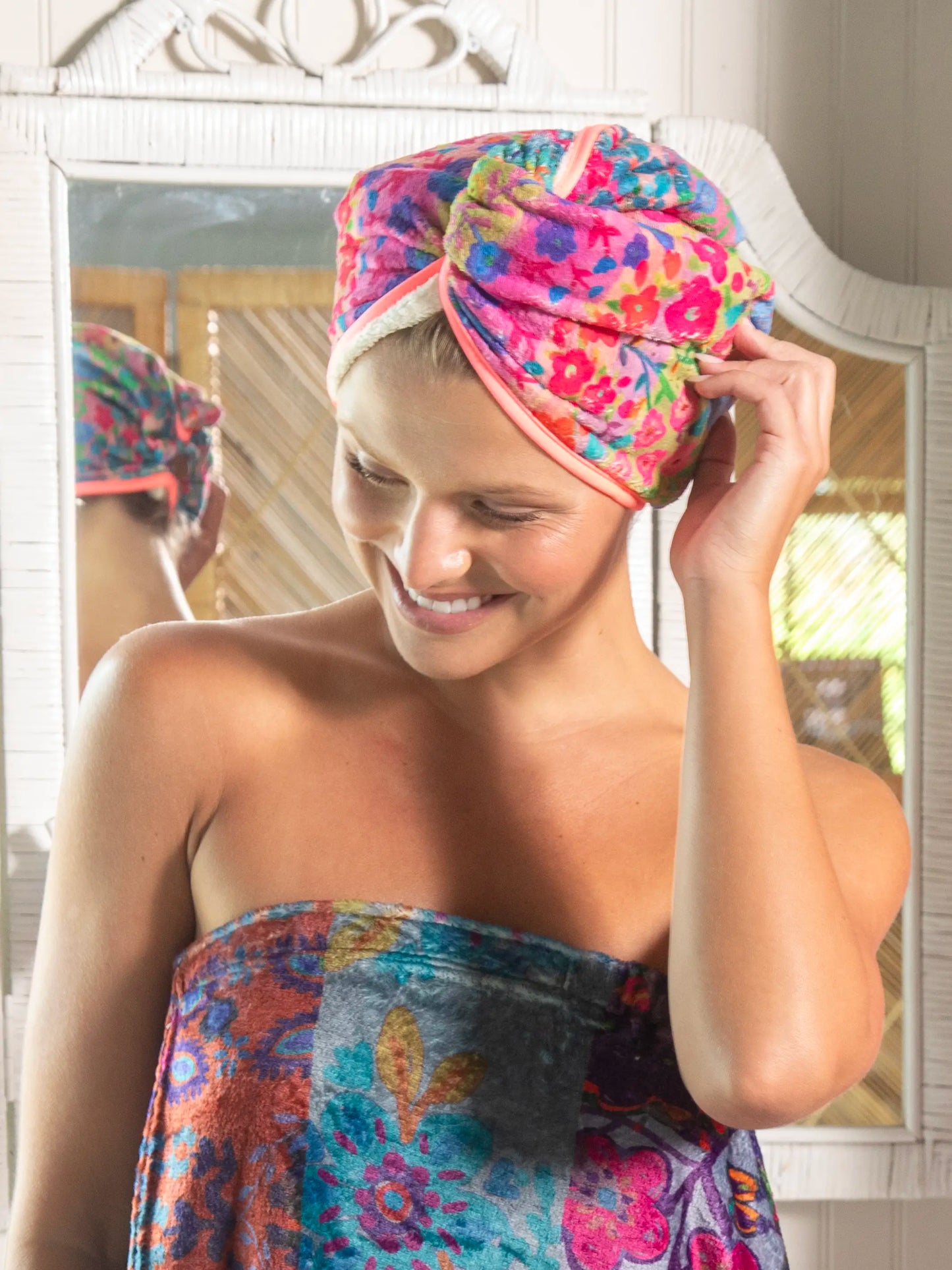 Microfiber Hair Towel Wrap - Rainbow Floral Rows