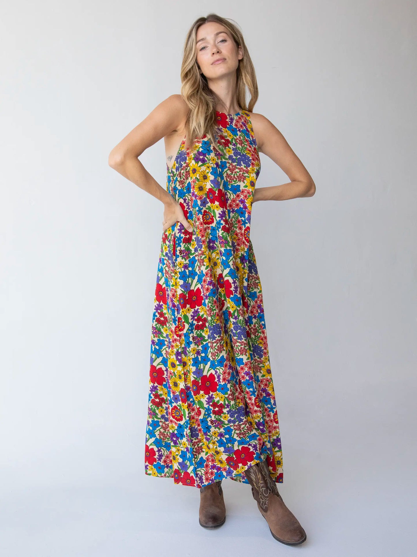 Katie Sleeveless Maxi Dress - Red Yellow Blue Floral