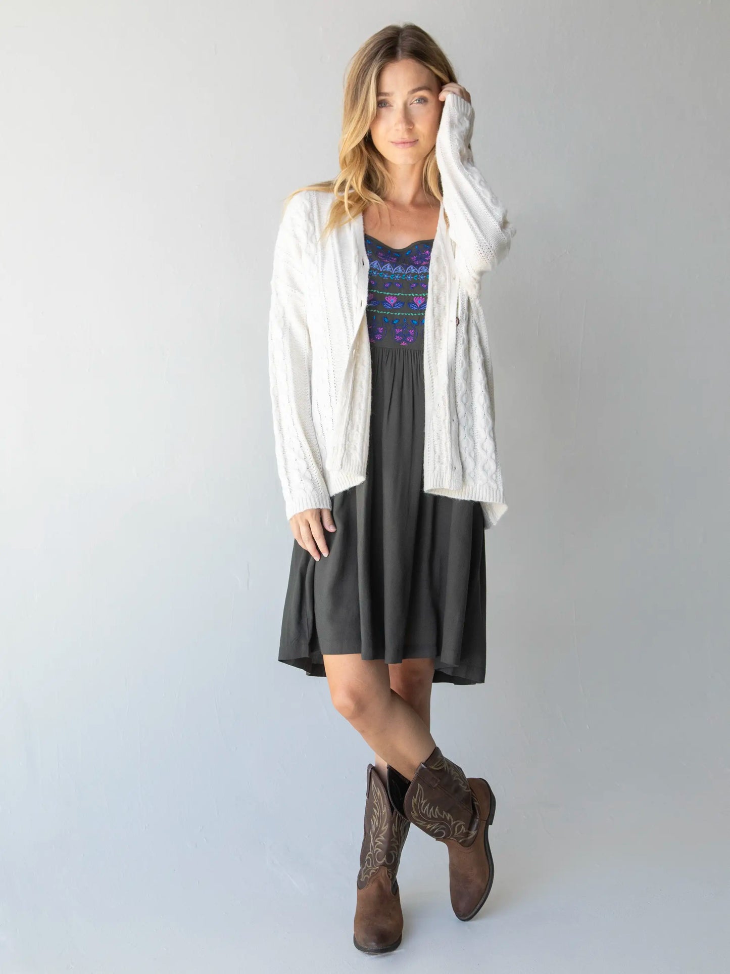 Sara Embroidered Mini Dress - Charcoal
