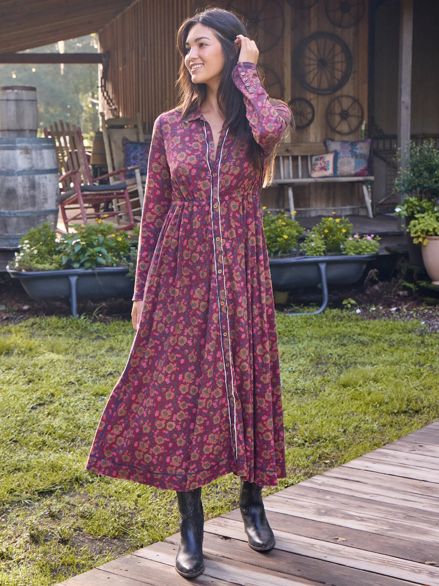 Christa Knit Cotton Maxi Dress - Cranberry Brown Floral