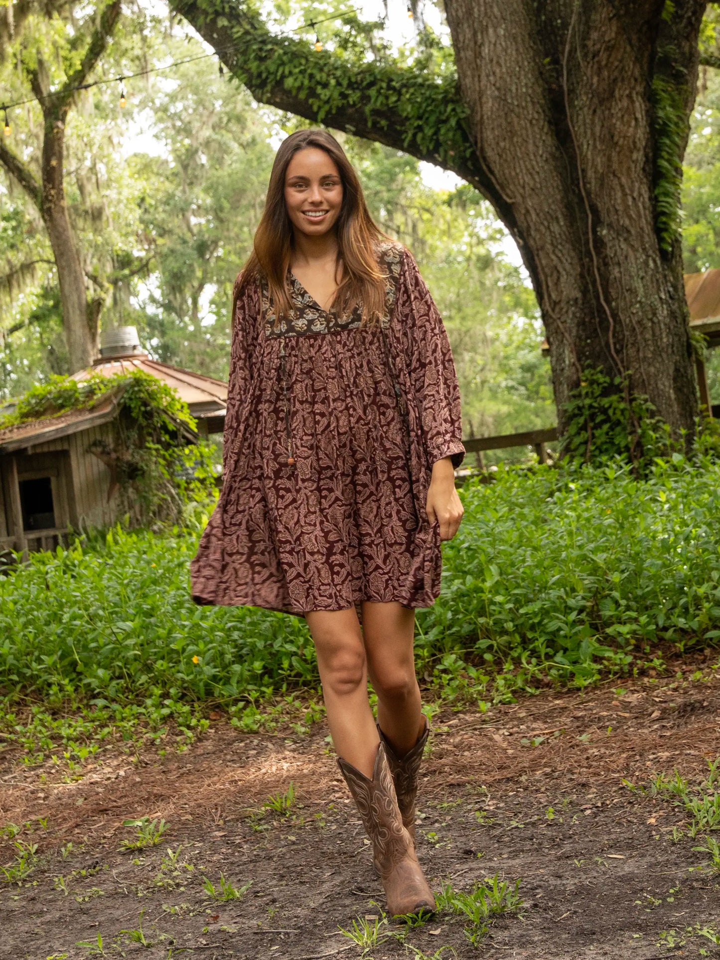 Rose Mini Dress - Brown Olive Mixed Floral