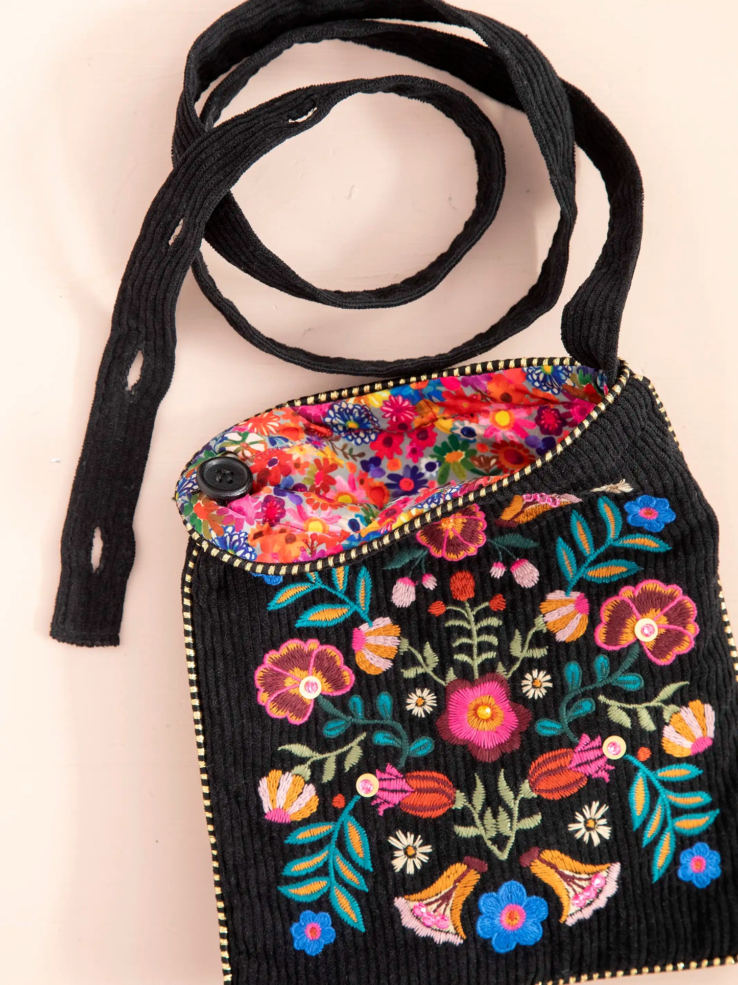 Embroidered Corduroy Crossbody - Black Folk Flower