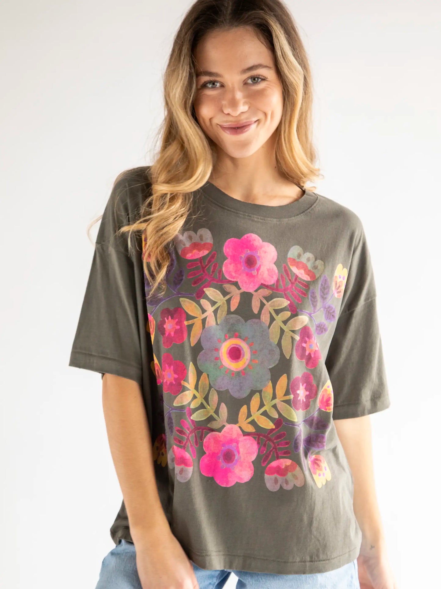 Georgia Shirt Dress - Blue Pink Floral Vines