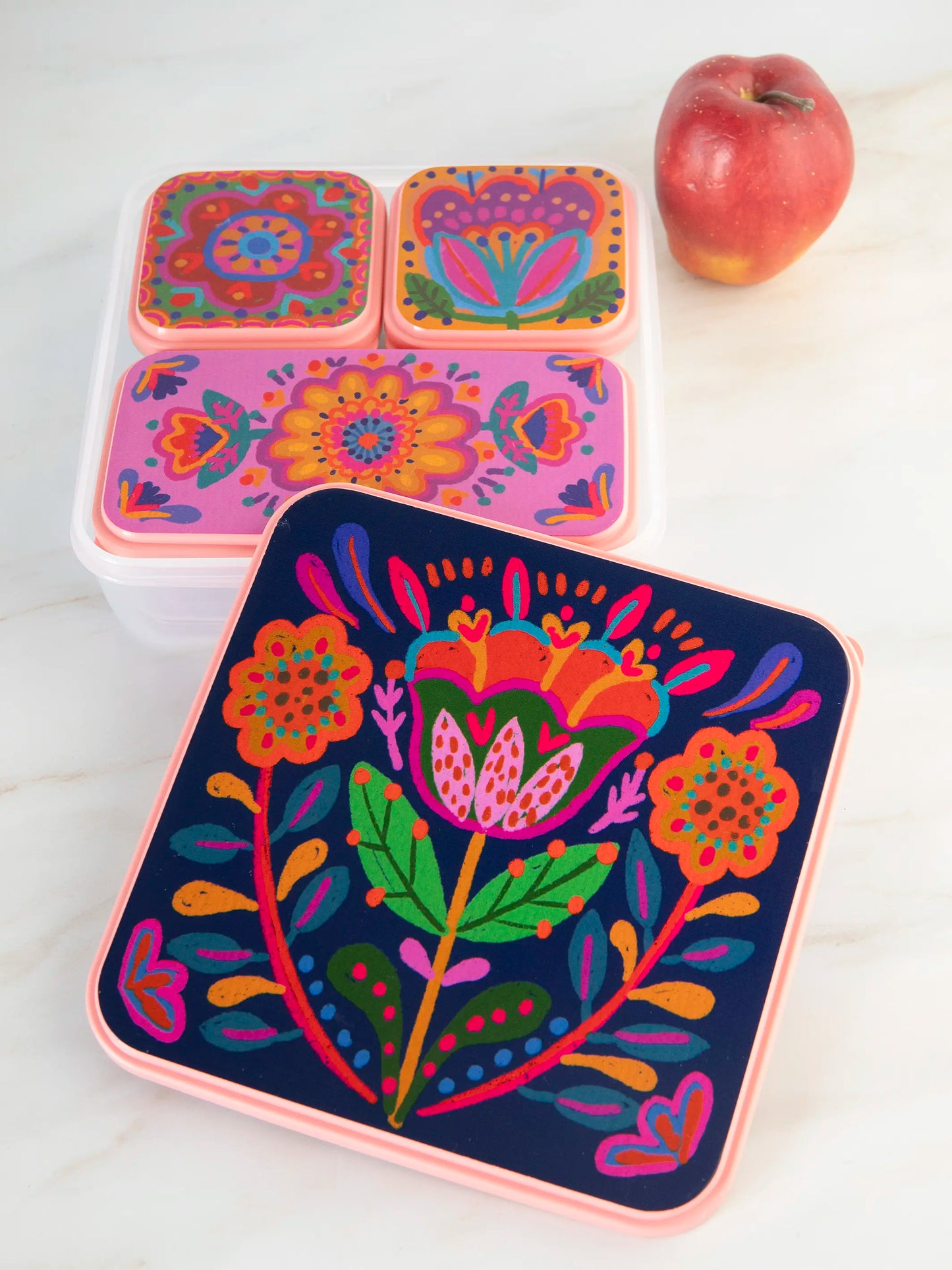 Nesting Storage Containers, Set of 4 - Light Pink Folk Flower