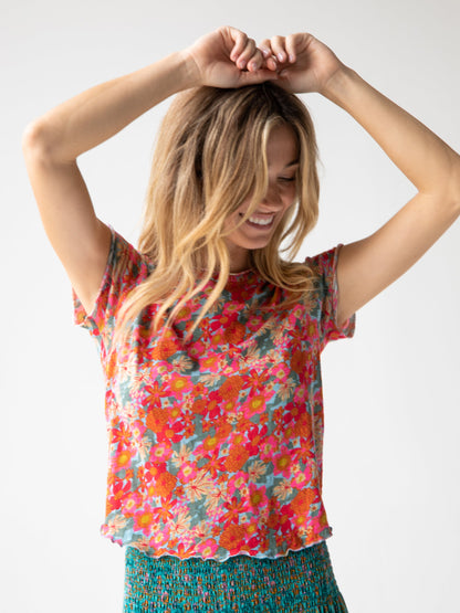 Lily Cotton Short Sleeve Tee Shirt - Pink Red Floral