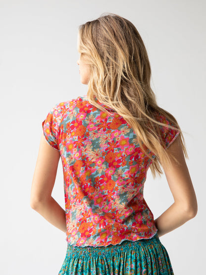 Lily Cotton Short Sleeve Tee Shirt - Pink Red Floral