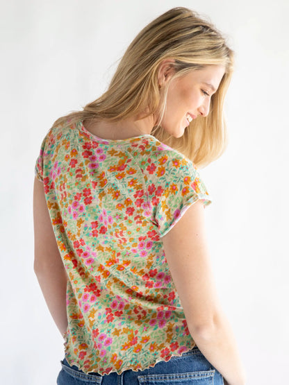 Lily Cotton Short Sleeve Tee Shirt - Mustard Coral Floral