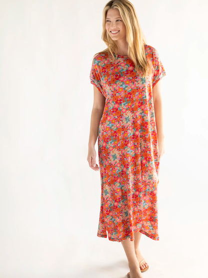 Frankie Knit Cotton Tee Midi Dress - Pink Red Floral