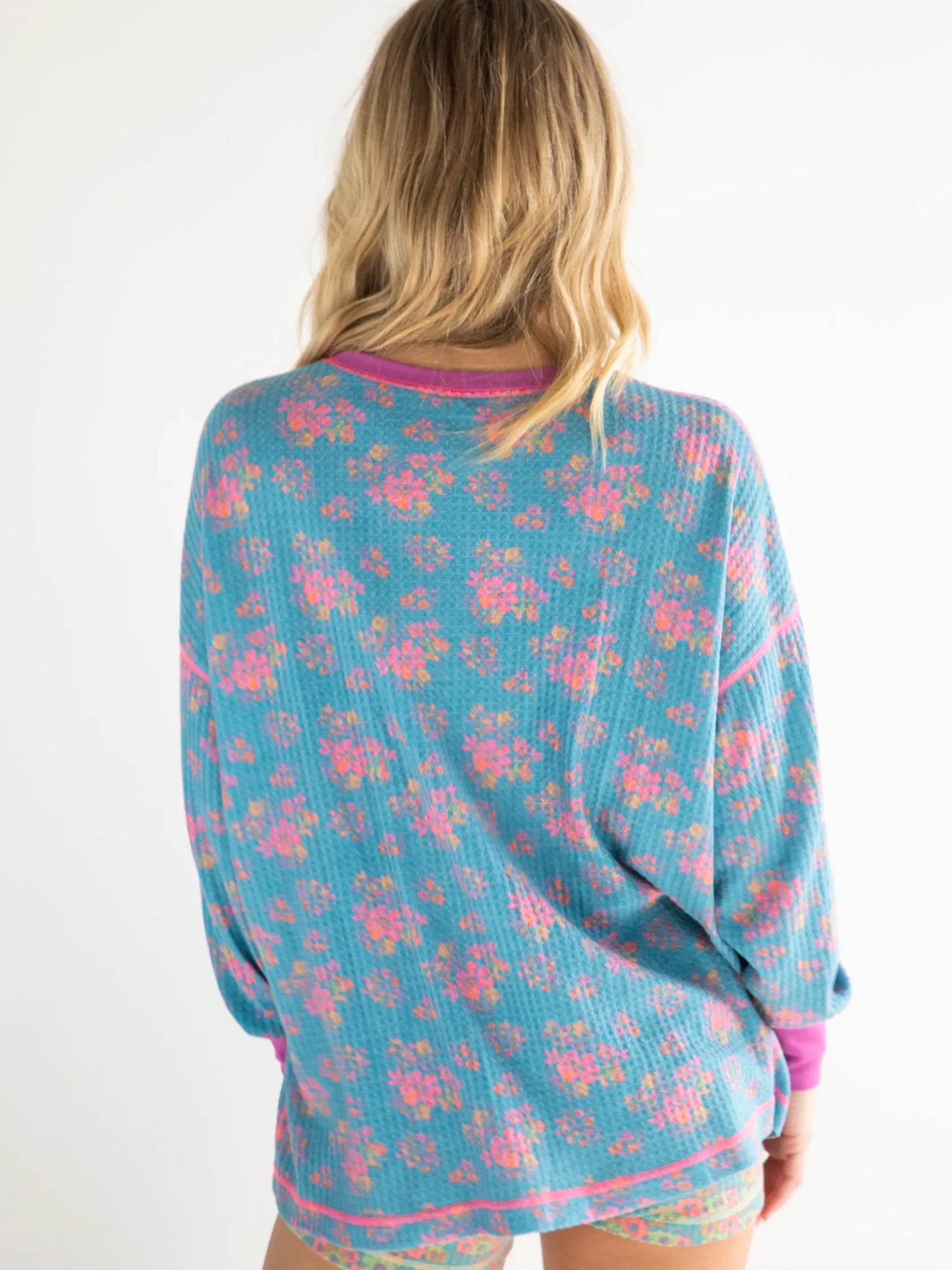 Mix & Match Waffle Pajama Top - Turquoise Pink Mustard Floral