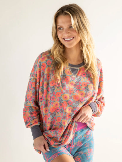 Mix & Match Waffle Pajama Top - Mustard Magenta Dahlias