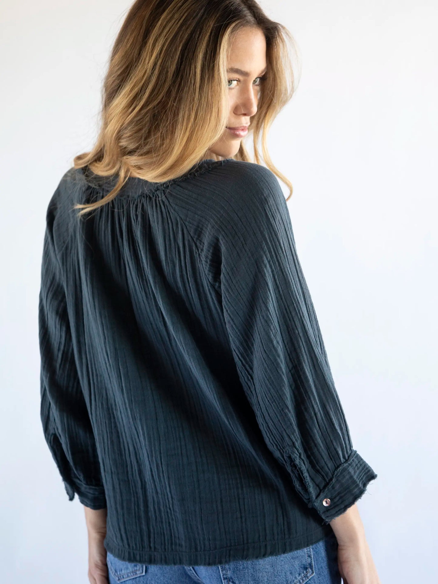 Robyn Cotton Gauze Top - Charcoal