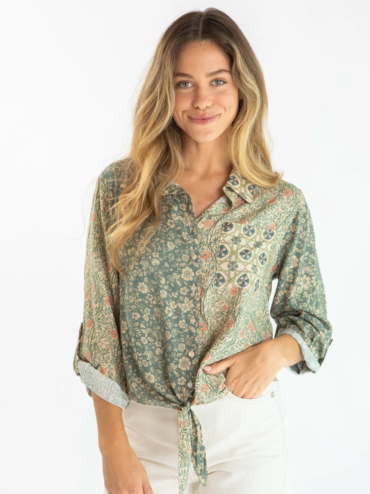 Lola Tie Button Down - Cream Sage Mixed Floral