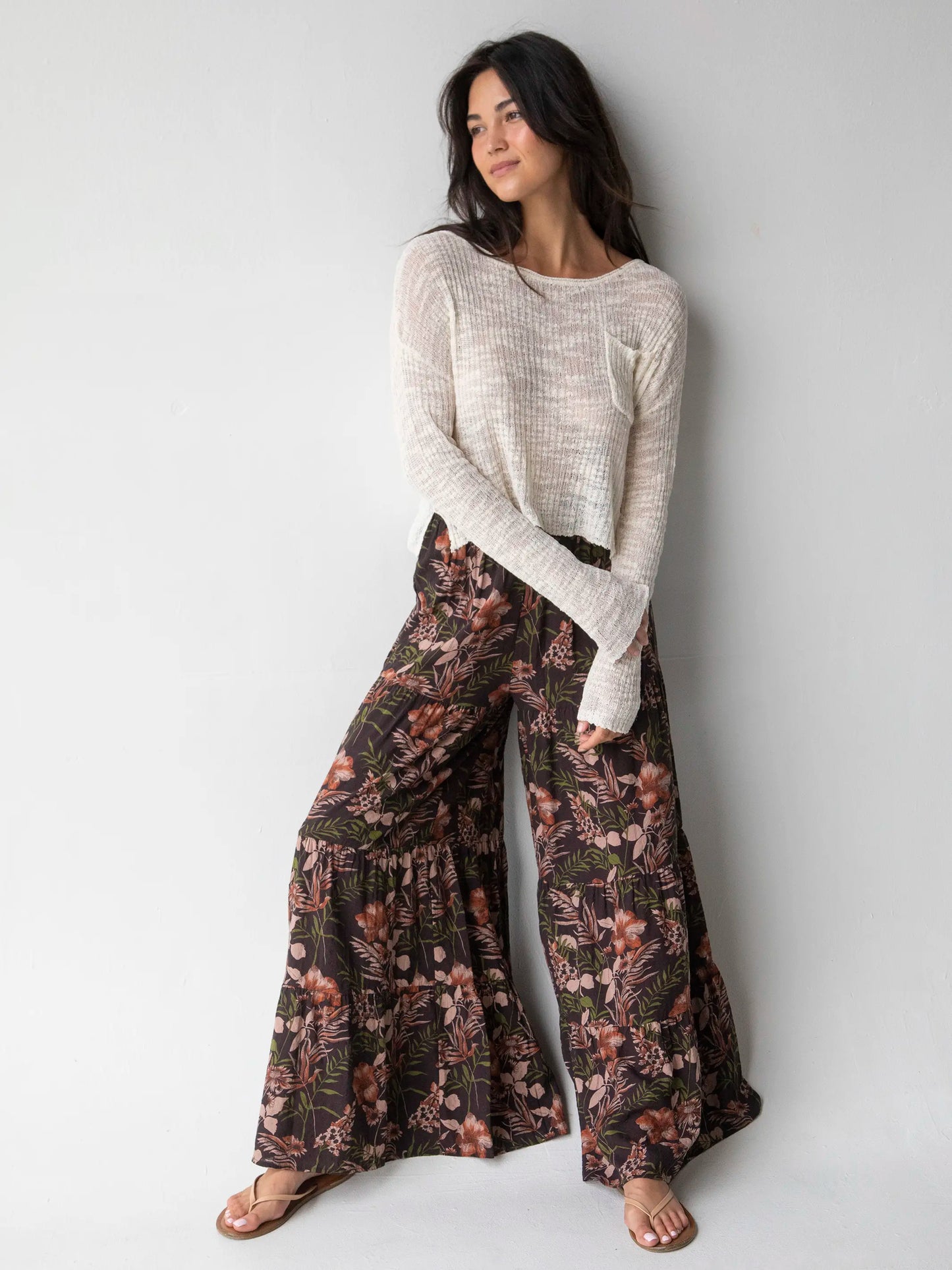 Patti Palazzo Pant - Brown Orange Hibiscus