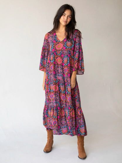 Charlotte Midi Dress - Black Printed Folk Circles