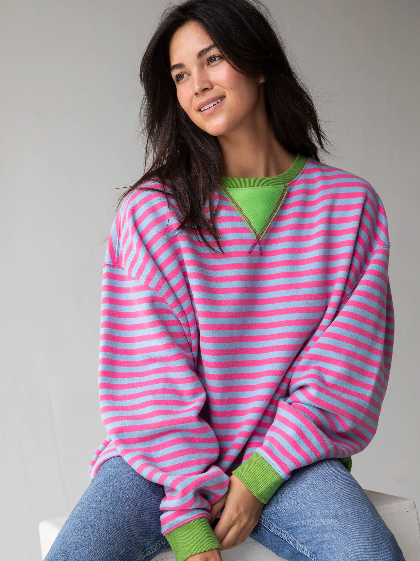 Oversized Striped Sweatshirt - Bright Pink Lavender Stripes