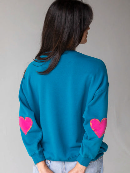 Heart On Your Sleeve Embroidered Sweatshirt - Teal Loved