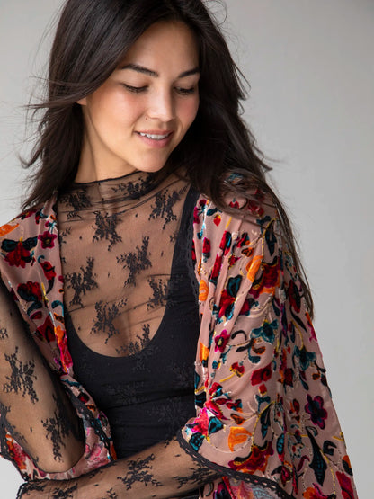 Velvet Burnout Kimono - Light Pink Floral