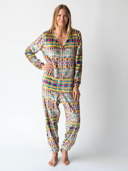Fleece Onesie Pajamas - Blue Fuchsia Marigold Tie-Dye