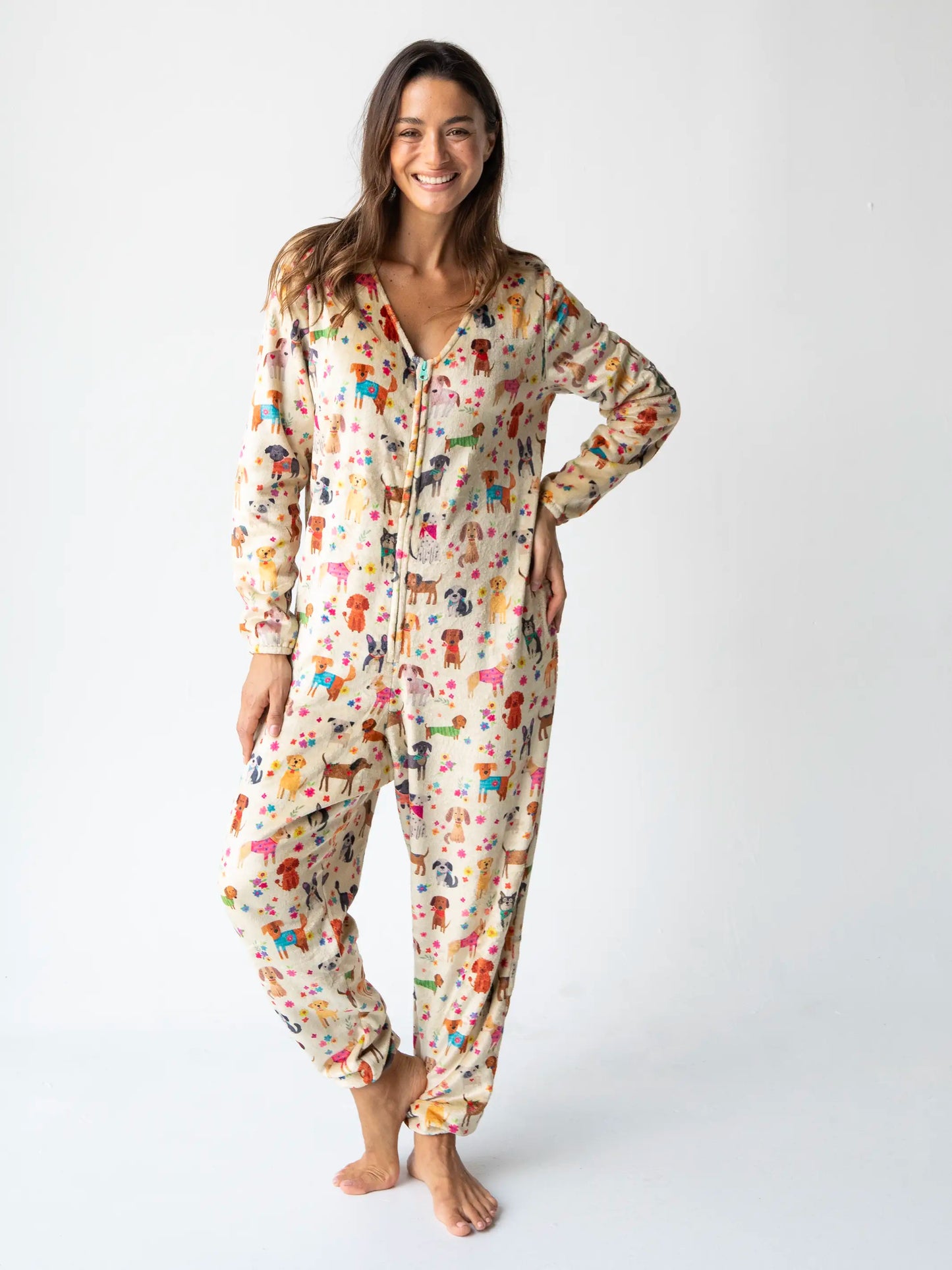 Fleece Onesie Pajamas - Dog Floral Cream