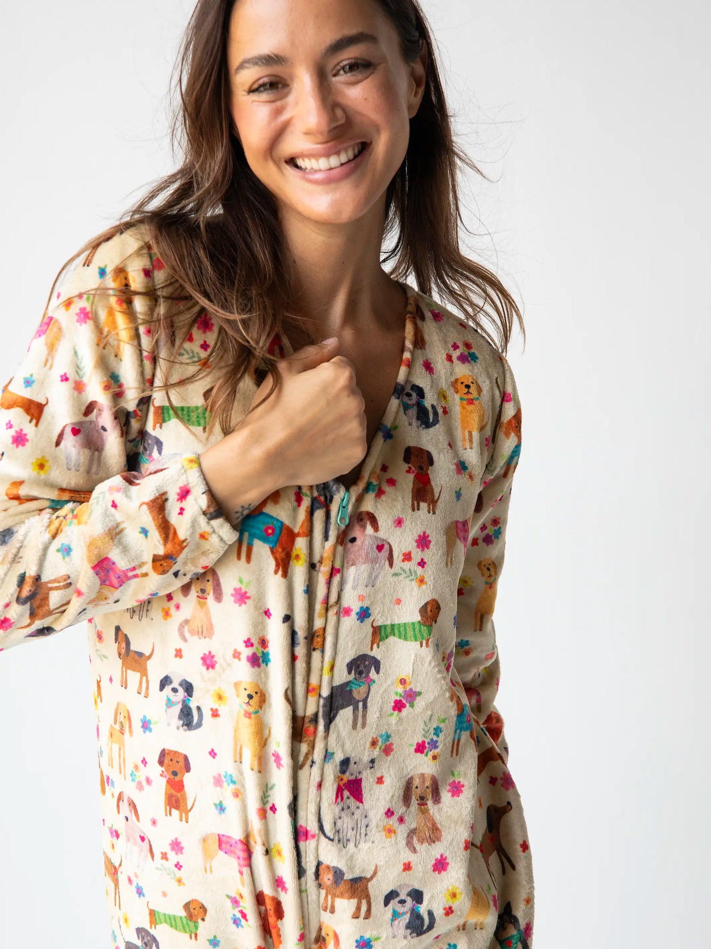 Fleece Onesie Pajamas - Dog Floral Cream