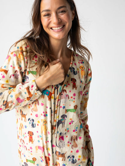 Fleece Onesie Pajamas - Dog Floral Cream