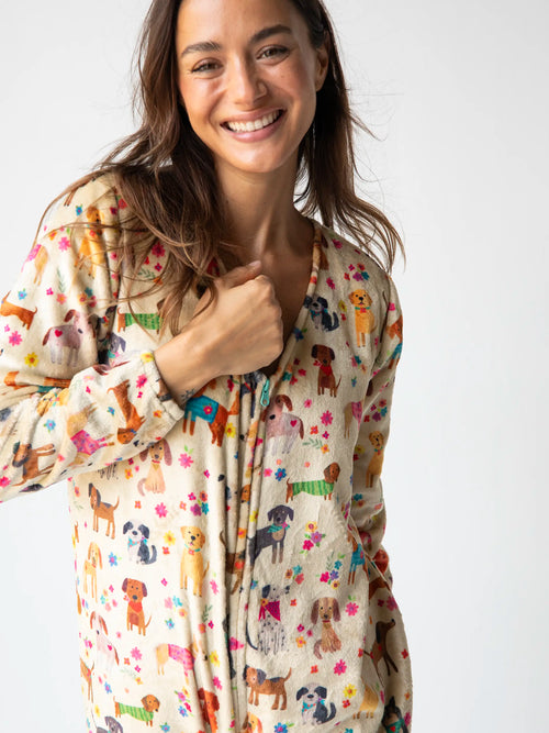Fleece Onesie Pajamas - Dog Floral Cream