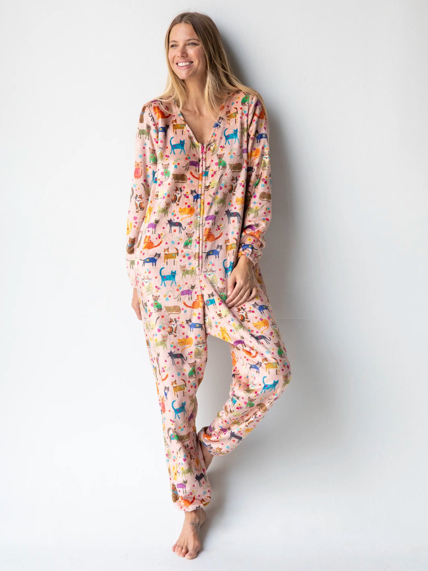 Fleece Onesie Pajamas - Cat Floral Pink