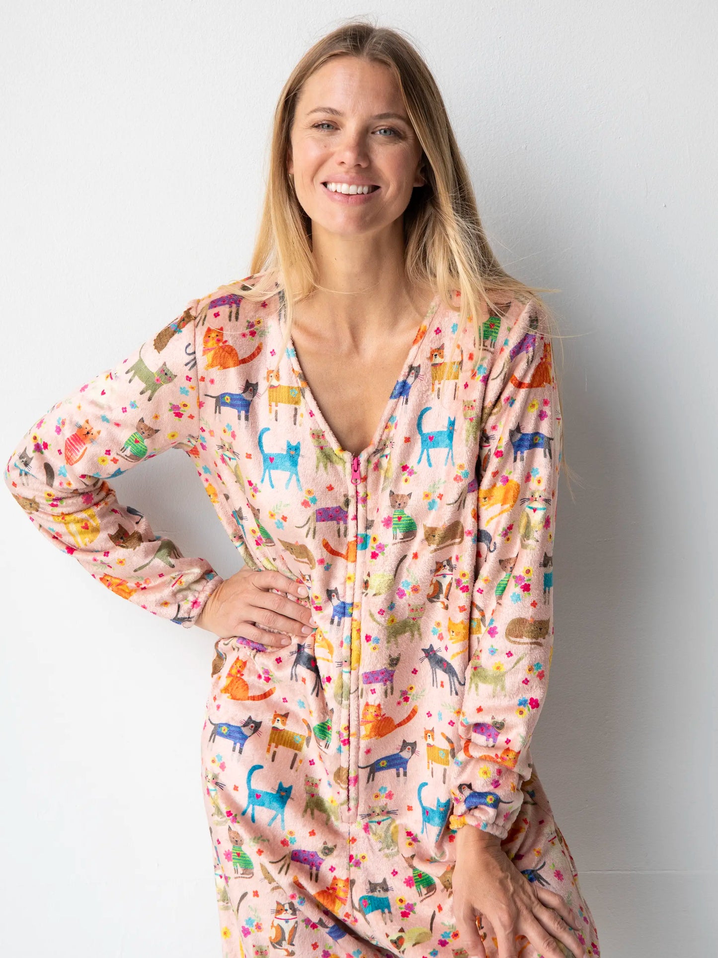 Fleece Onesie Pajamas - Cat Floral Pink