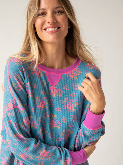 Mix & Match Waffle Pajama Top - Turquoise Pink Mustard Floral