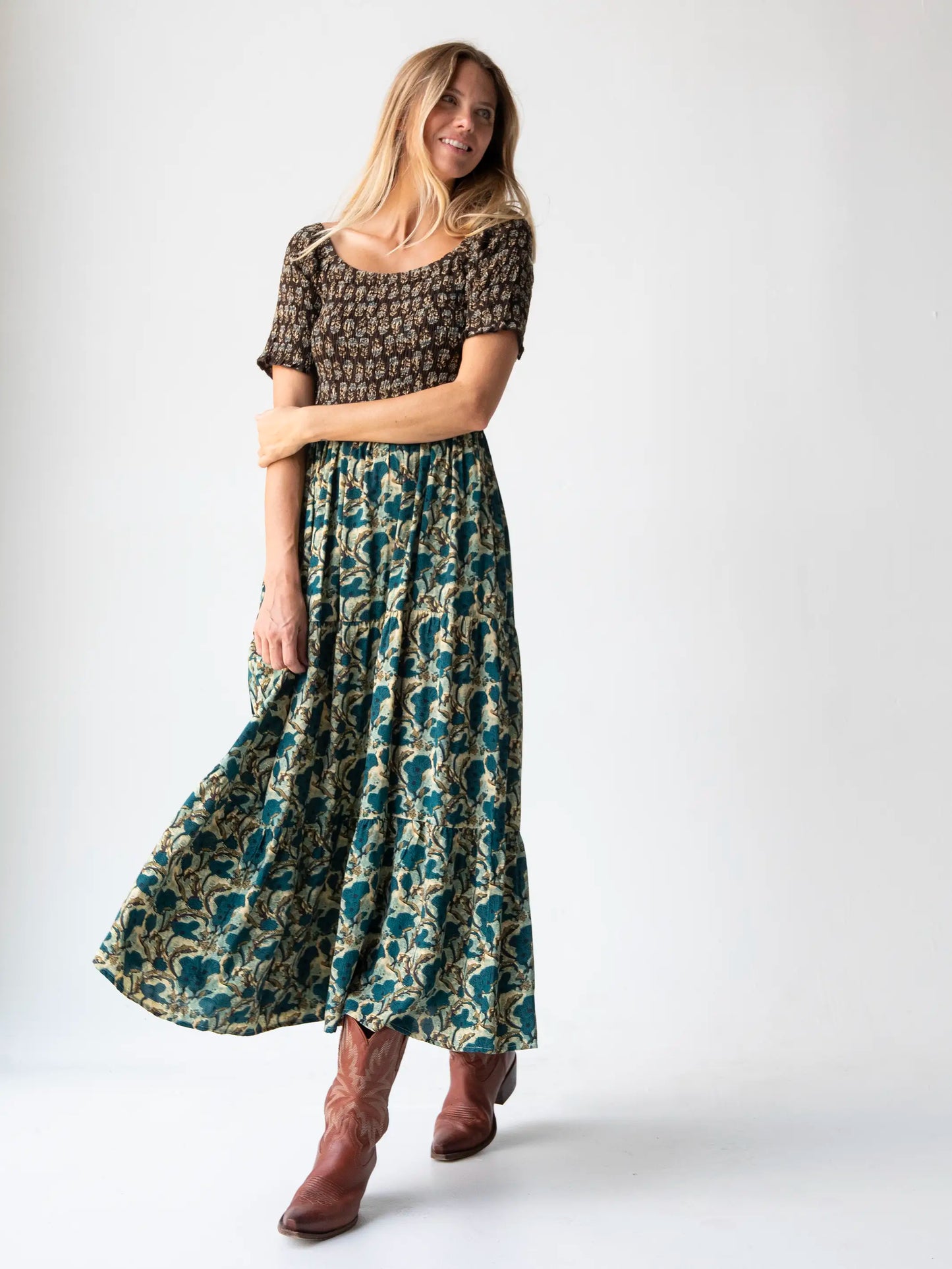 Daisy Tiered Maxi Dress - Teal Dark Brown Mixed Floral