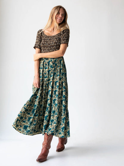 Daisy Tiered Maxi Dress - Teal Dark Brown Mixed Floral