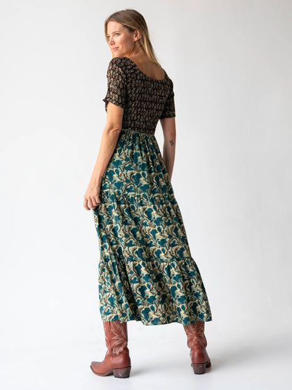 Daisy Tiered Maxi Dress - Teal Dark Brown Mixed Floral