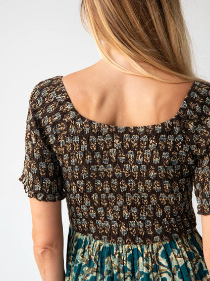 Daisy Tiered Maxi Dress - Teal Dark Brown Mixed Floral