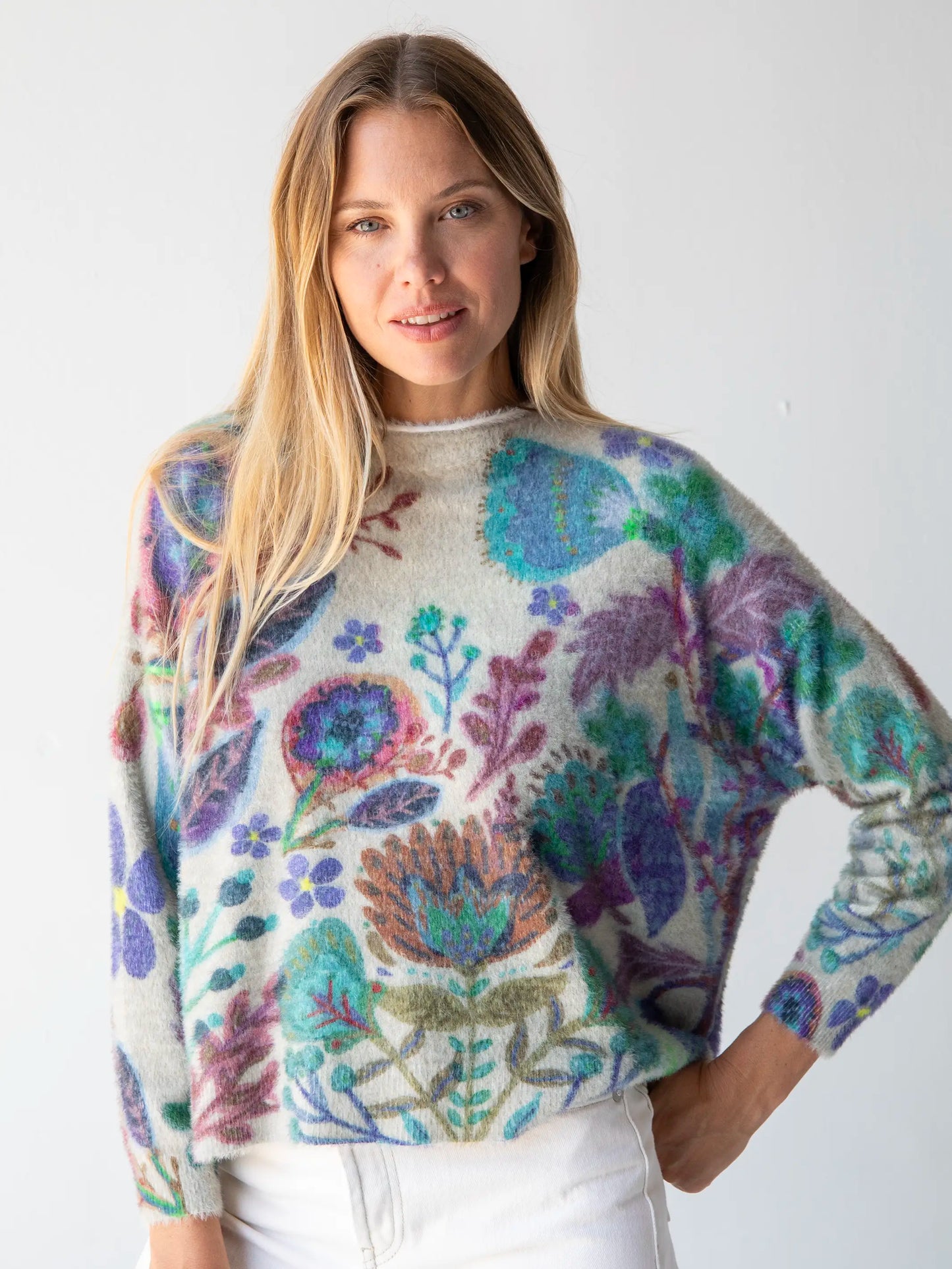 Cashmere-Like Fuzzy Pullover Sweater - Ash Folk Flower