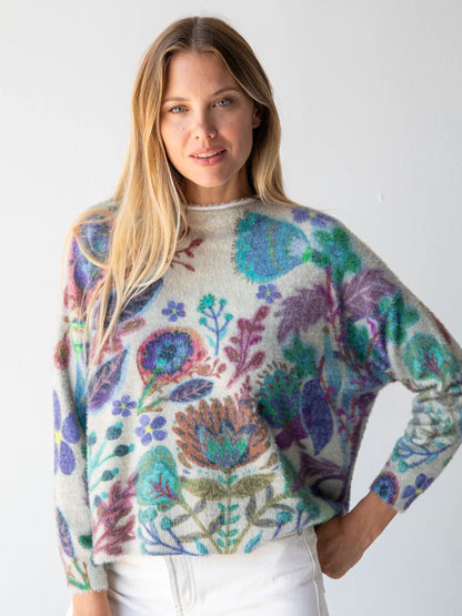 Cashmere-Like Fuzzy Pullover Sweater - Ash Folk Flower