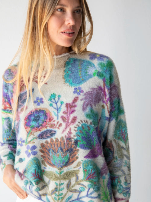 Cashmere-Like Fuzzy Pullover Sweater - Ash Folk Flower