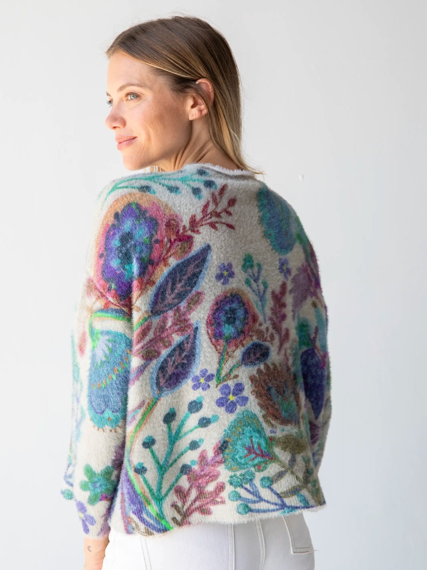 Cashmere-Like Fuzzy Pullover Sweater - Ash Folk Flower