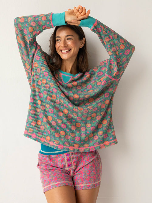 Mix & Match Waffle Pajama Top - Teal Mod Floral