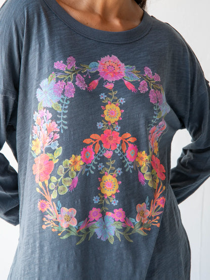 Arden Long Sleeve Cotton Tee Shirt - Indigo Peace Sign