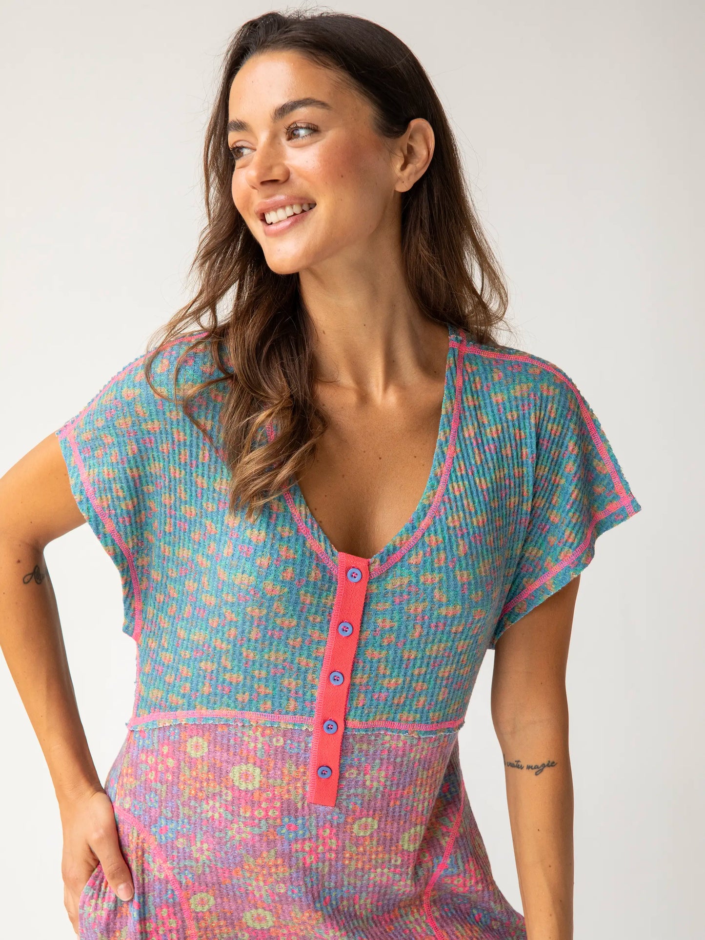 Mix & Match Waffle Jumpsuit - Turquoise Hot Purple Mixed Floral