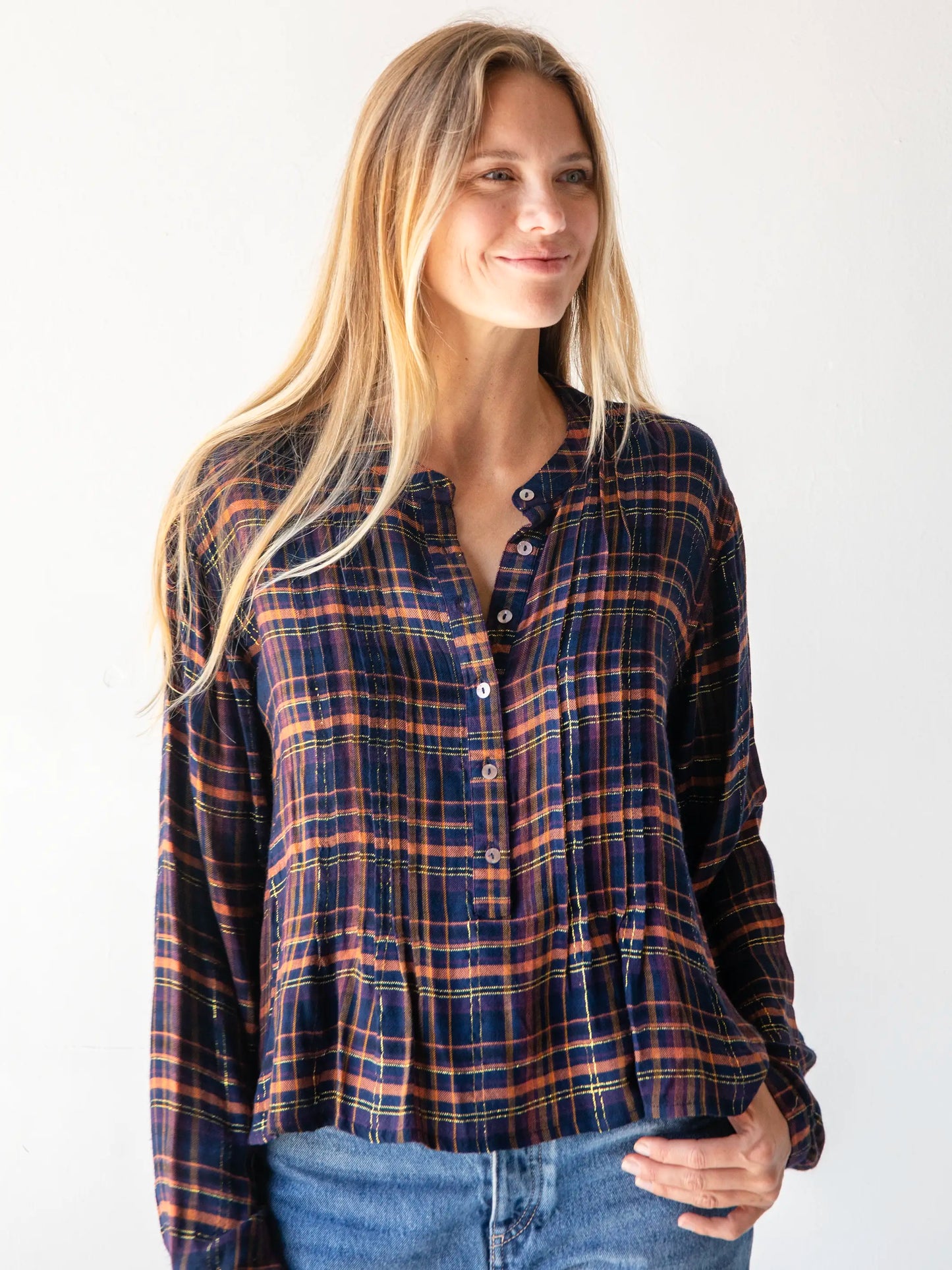 Montana Cotton Gauze Top - Navy Orange Plaid