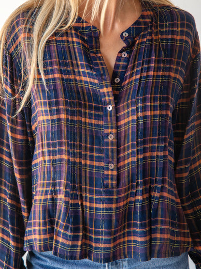 Montana Cotton Gauze Top - Navy Orange Plaid