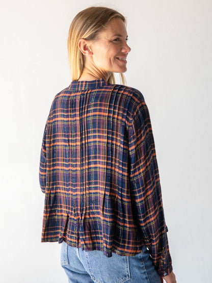 Montana Cotton Gauze Top - Navy Orange Plaid